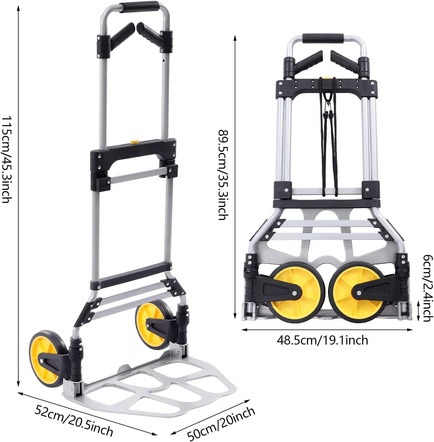 120kg Klappbarer Wagen Tragbare Sackkarre Schwerlast-Sackkarre Dolly mit 2 7-Zoll-TPR-Rad, Handwagenwagen Dolly-Gepäckwagen mit Teleskopgriff |Packen von Seilen,52 * 50 * 115cm