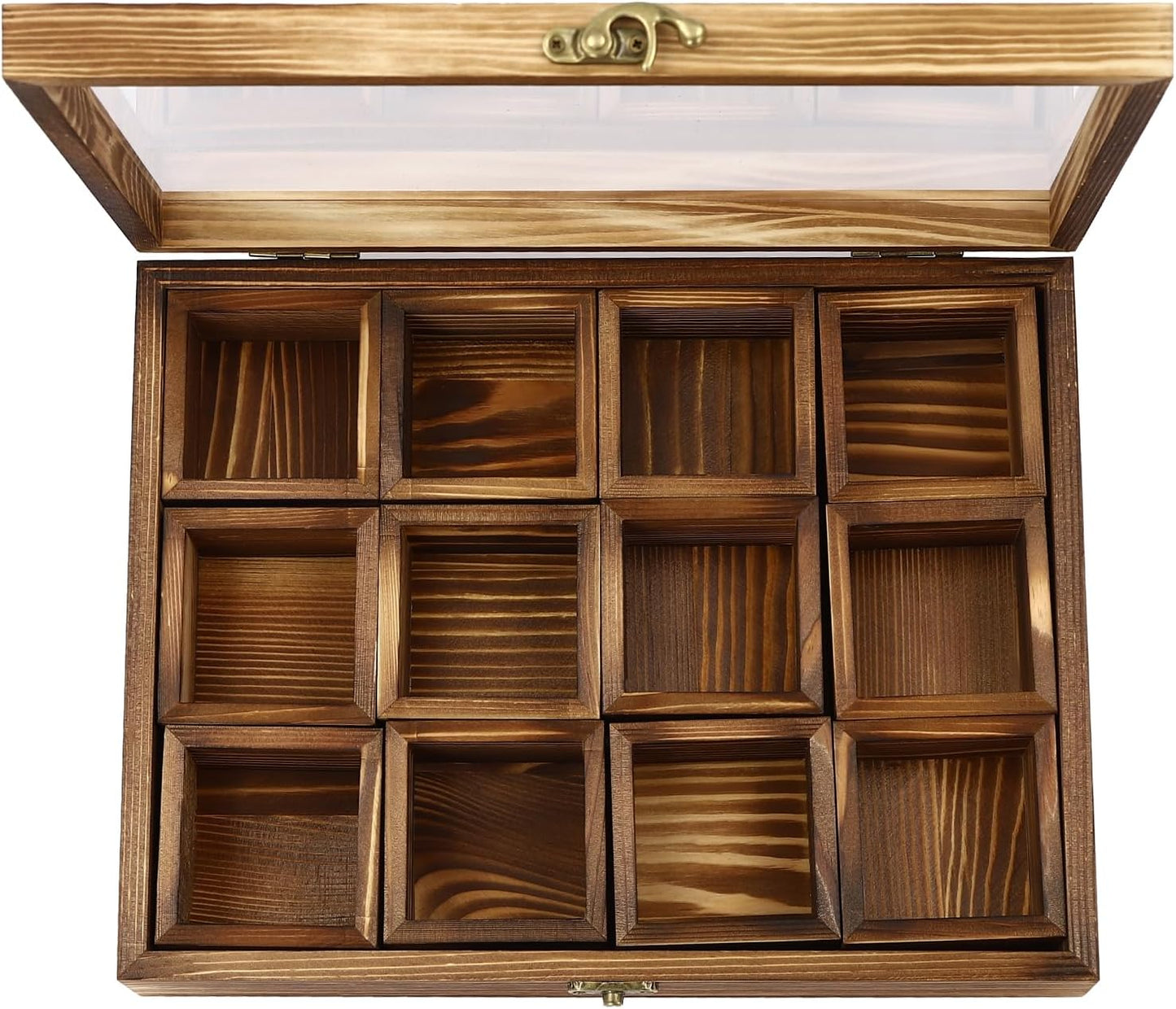 Gewürzbox aus Holz, 2,68 x 2,68 x 1,57 Zoll Konservierungsbox Für Gewürze, 12 festen Fächern, Mit Löffel, Gewürzaufbewahrung Behälter, Hölzerne Gewürzbox Retro gewürzbehälter