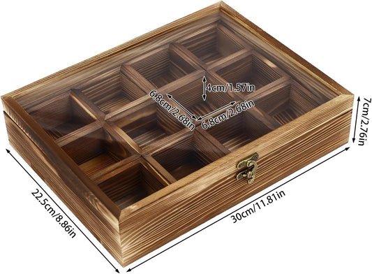 Gewürzbox aus Holz, 2,68 x 2,68 x 1,57 Zoll Konservierungsbox Für Gewürze, 12 festen Fächern, Mit Löffel, Gewürzaufbewahrung Behälter, Hölzerne Gewürzbox Retro gewürzbehälter