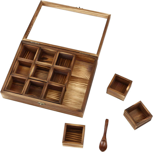 Gewürzbox aus Holz, 2,68 x 2,68 x 1,57 Zoll Konservierungsbox Für Gewürze, 12 festen Fächern, Mit Löffel, Gewürzaufbewahrung Behälter, Hölzerne Gewürzbox Retro gewürzbehälter